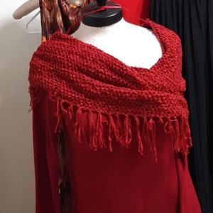 Womens Long sleeve sweater dress with braid fringed front Artistic Cotton Reds